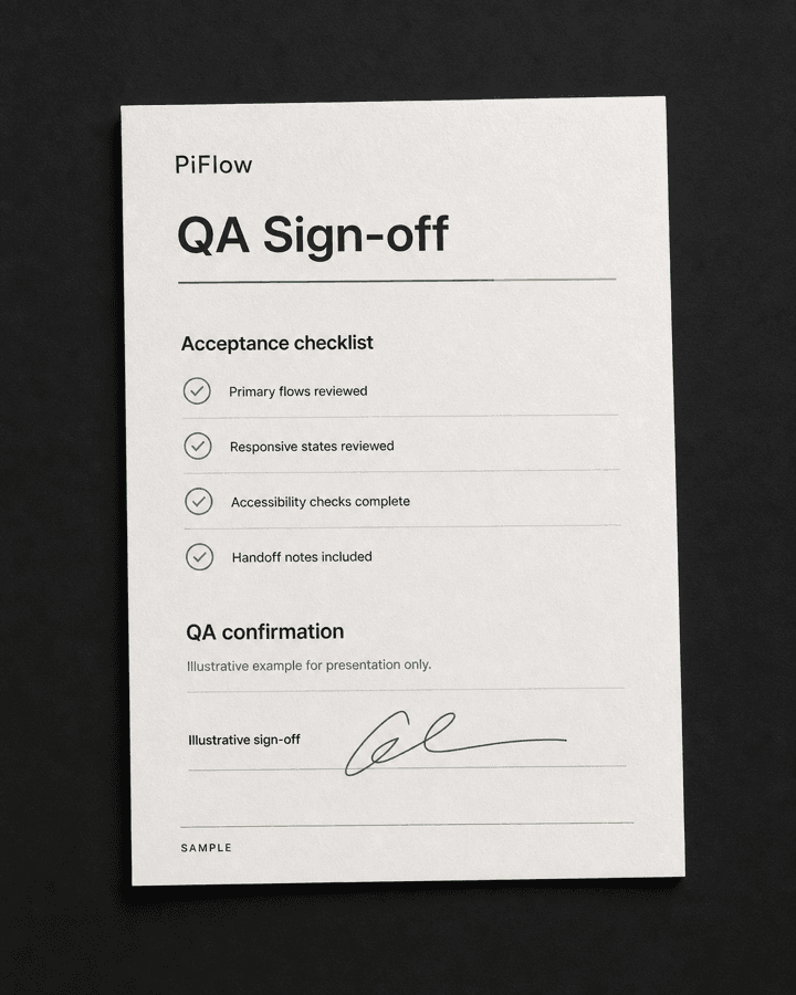 PiFlow sample QA sign-off document with no client data
